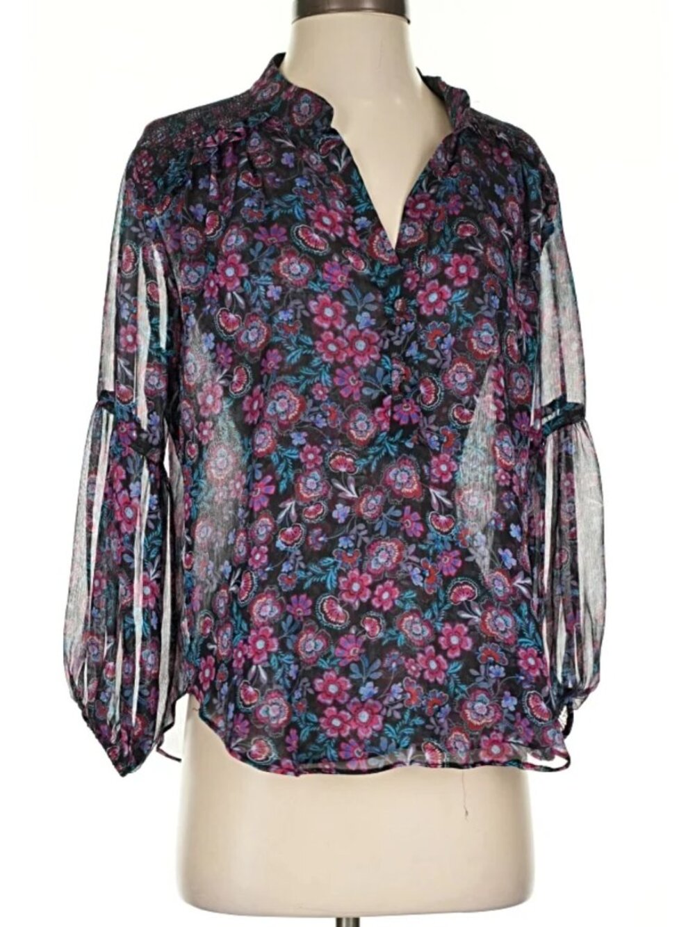 MISA Los Angeles Floral Semi Sheer Blouse Bell Sleeve Size S - Picture 3 of 6